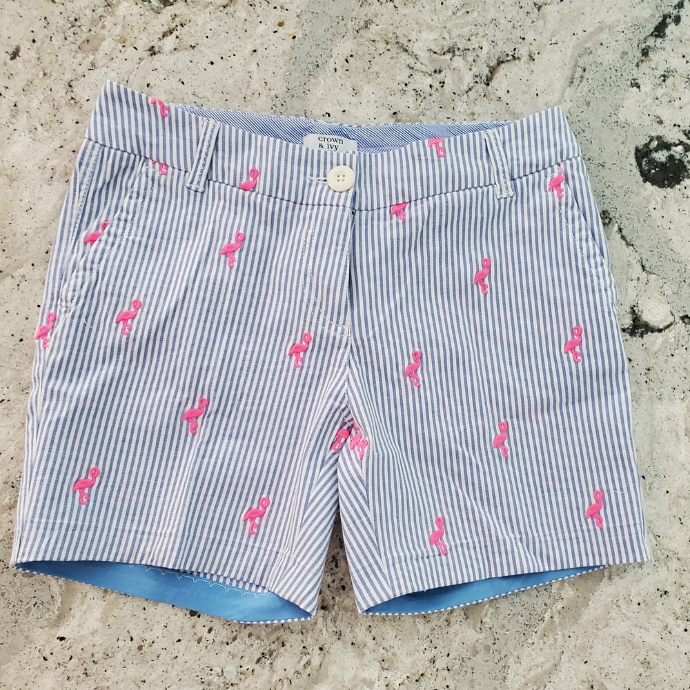 Crown & Ivy Blue and Pink Bermuda Shorts Flamingo Pattern